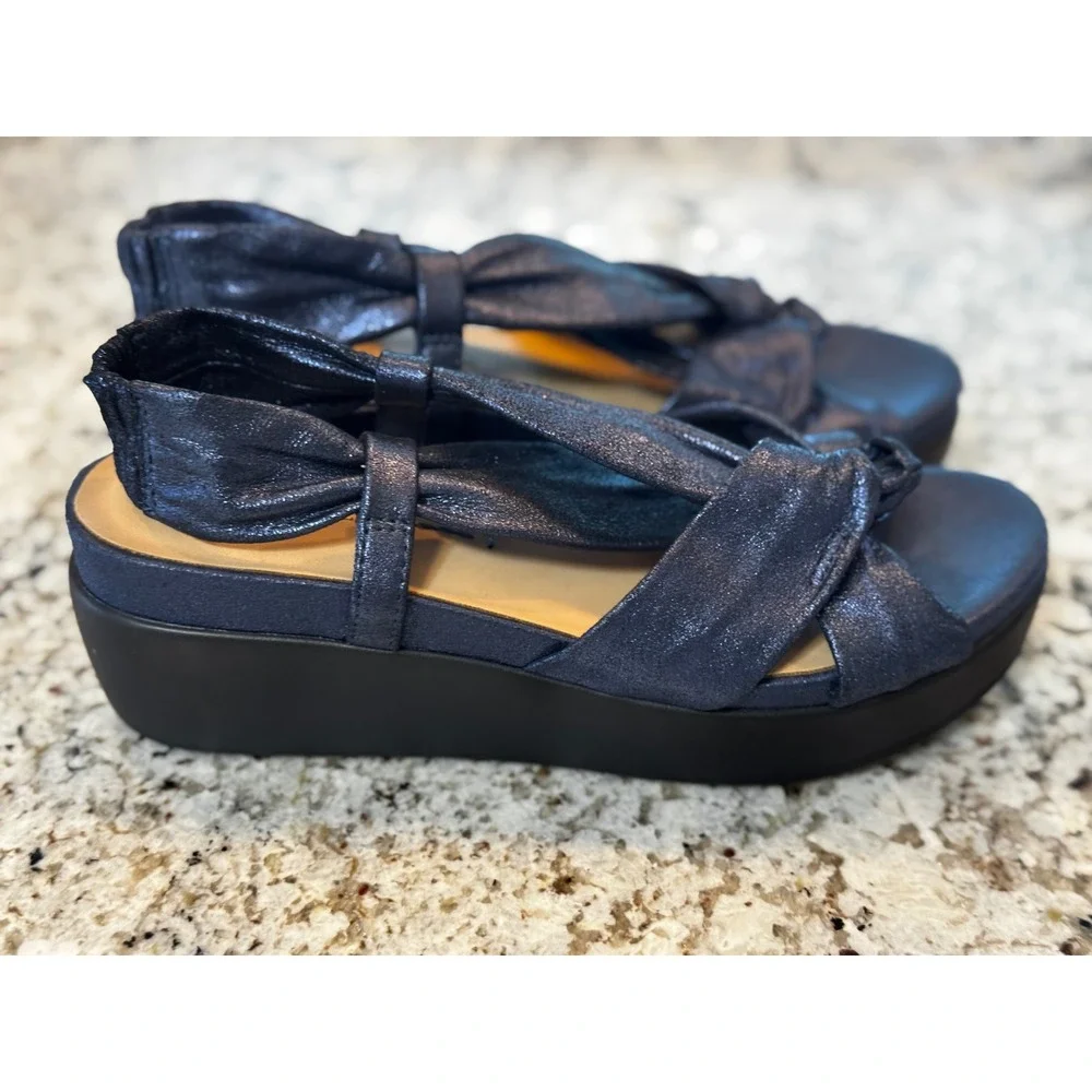 Naked Feet Navy Blue Metallic Knot Platform Wedge Slingback Sandals